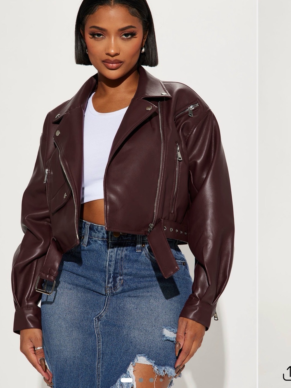 Fashion Nova Cropped Burgundy Faux Leather Moto Jacket